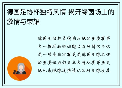 德国足协杯独特风情 揭开绿茵场上的激情与荣耀