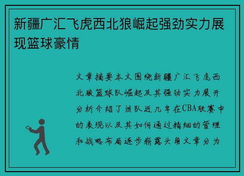 新疆广汇飞虎西北狼崛起强劲实力展现篮球豪情